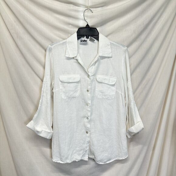 Edward Irish Linen Women’s S Blouse Button Down White Floral Beaded 3/4 Sleeve - Picture 5 of 10